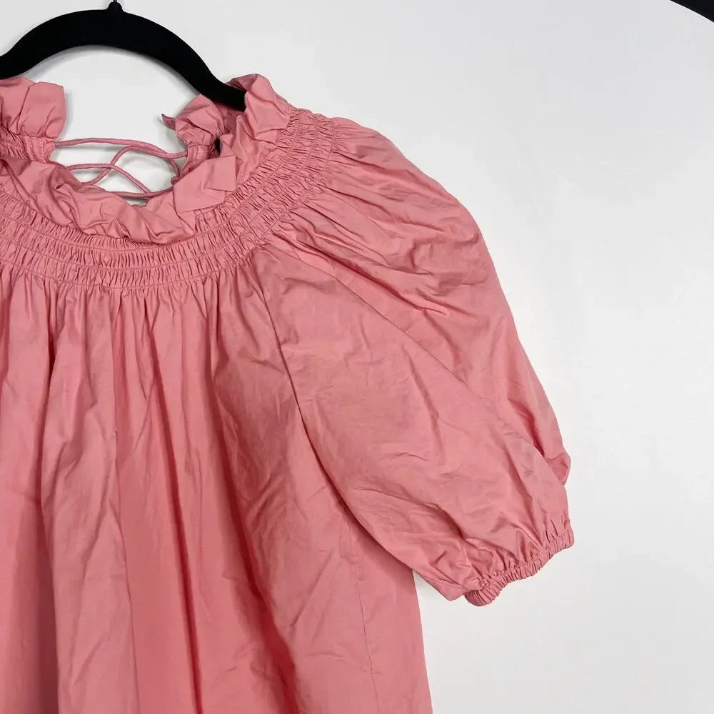 J Crew Womens XS Pink Smocked Neck Puff Sleeve Cotton Poplin Top Lace Up Back